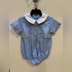 NWT Avanini 24M Boys Halloween Pumpkin Ghost Bubble Blue and White Gingham